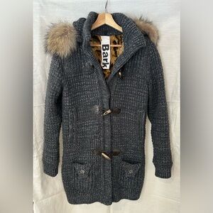 Bark Gray Metallic Hooded Jacket with Fur Trim Leopard Lining and Toggle Closure